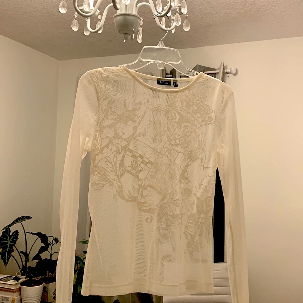 MEXX see through cream color mesh top with intricate crown and scroll design